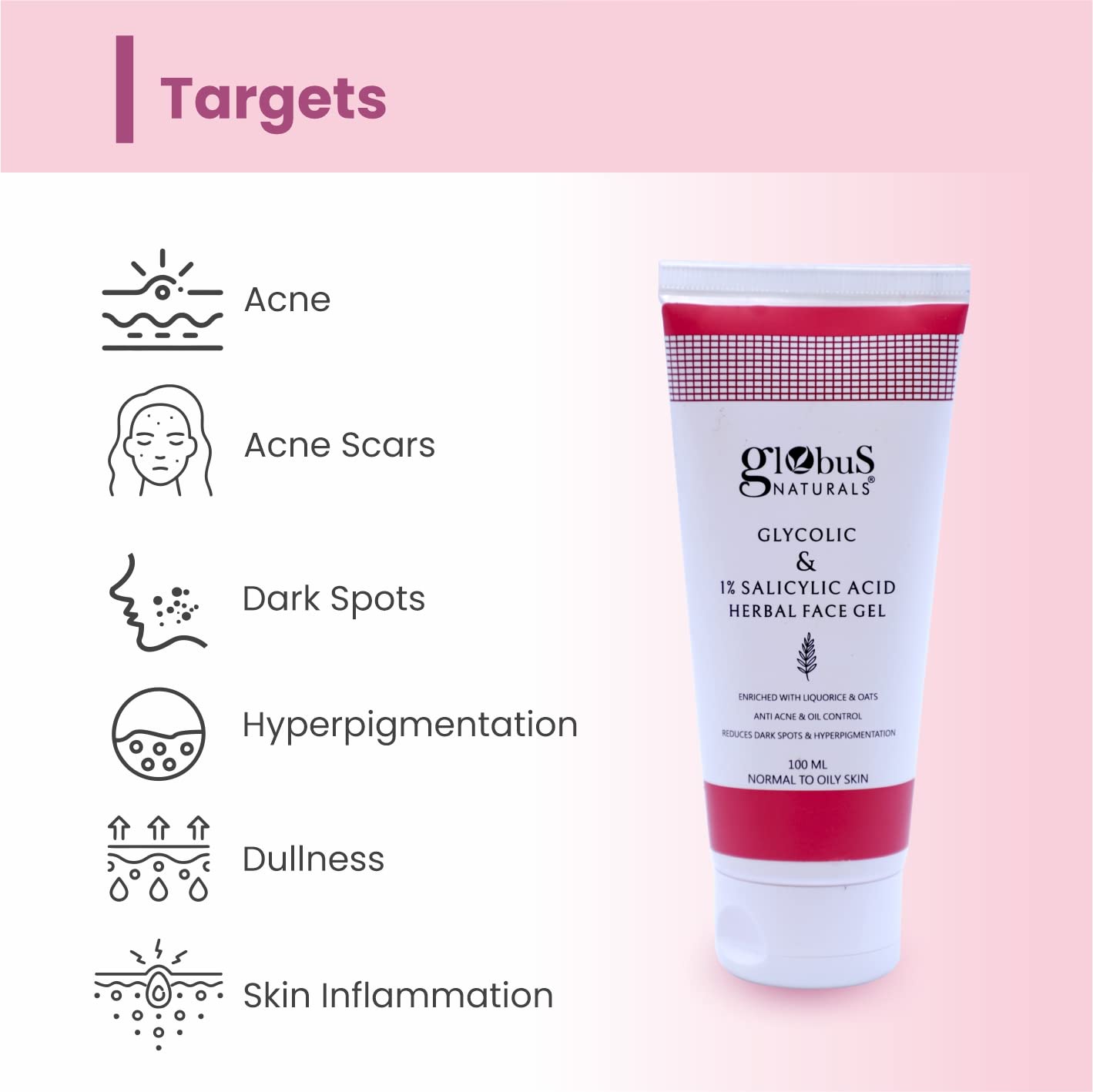 Globus Naturals Glycolic & 1% Salicylic Acid Herbal Anti Acne Face Gel, Enriched with Liquorice & Oats, Anti Acne & Oil Control, Reduces Dark spots & Hyperpigmentation,100 mlPack Of 2 1