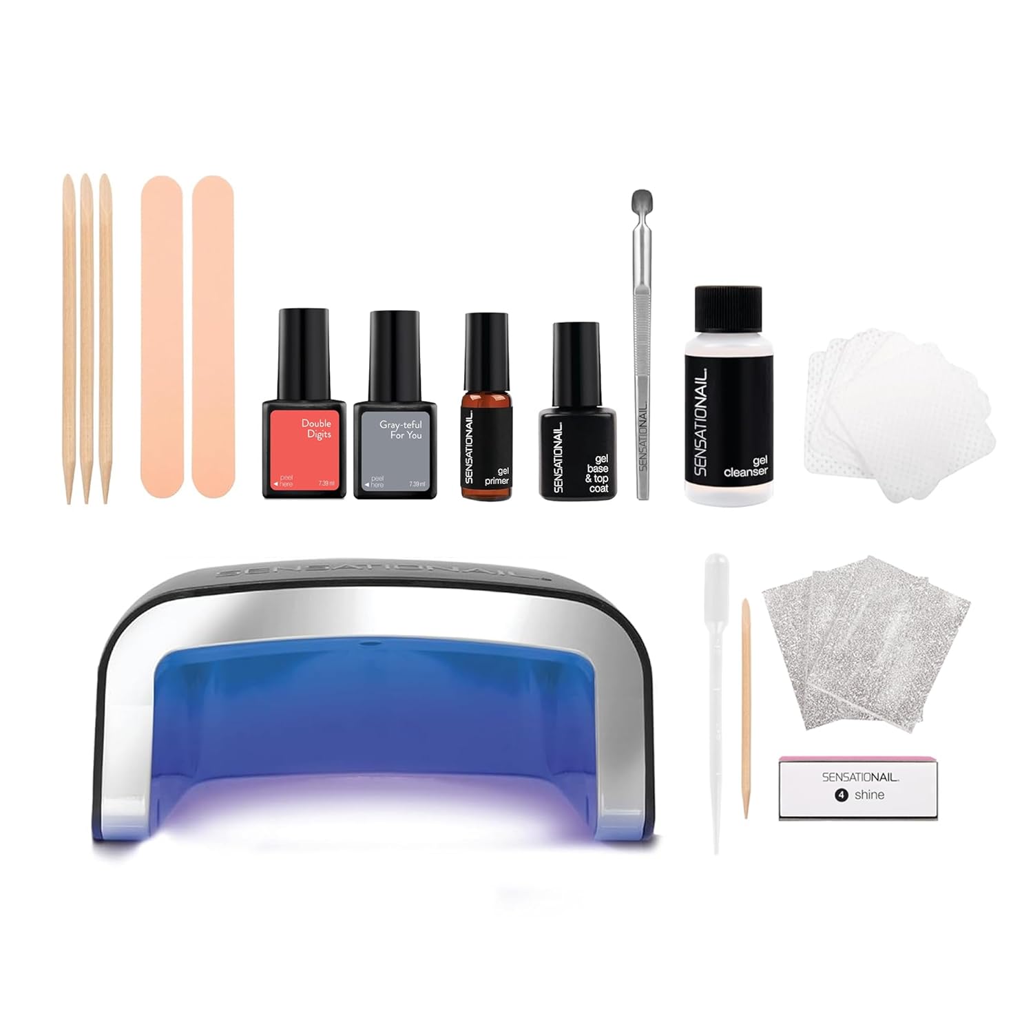 Sensationail Clean Prep & Cure Gel Nail Polish Kit - Long-Lasting Salon Grade Manicure Kit with UV Lamp - Includes Primer, Base & Top Coat, Cleanser, and Manicure Essentials - Lasts Up to 2 Weeks