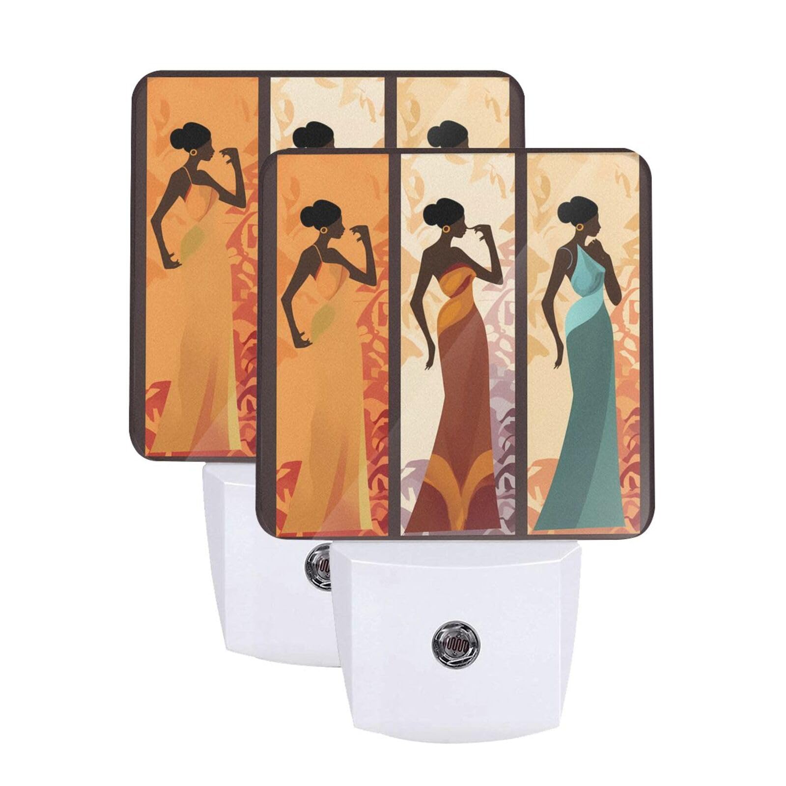 Black Women Night Light Set of 2, African Girls Auto Sensor LED Dusk-to-Dawn Nightlights, Plug-in Sensor Lamp for Bedroom Bathroom Kitchen Hallway Stairs Decorative