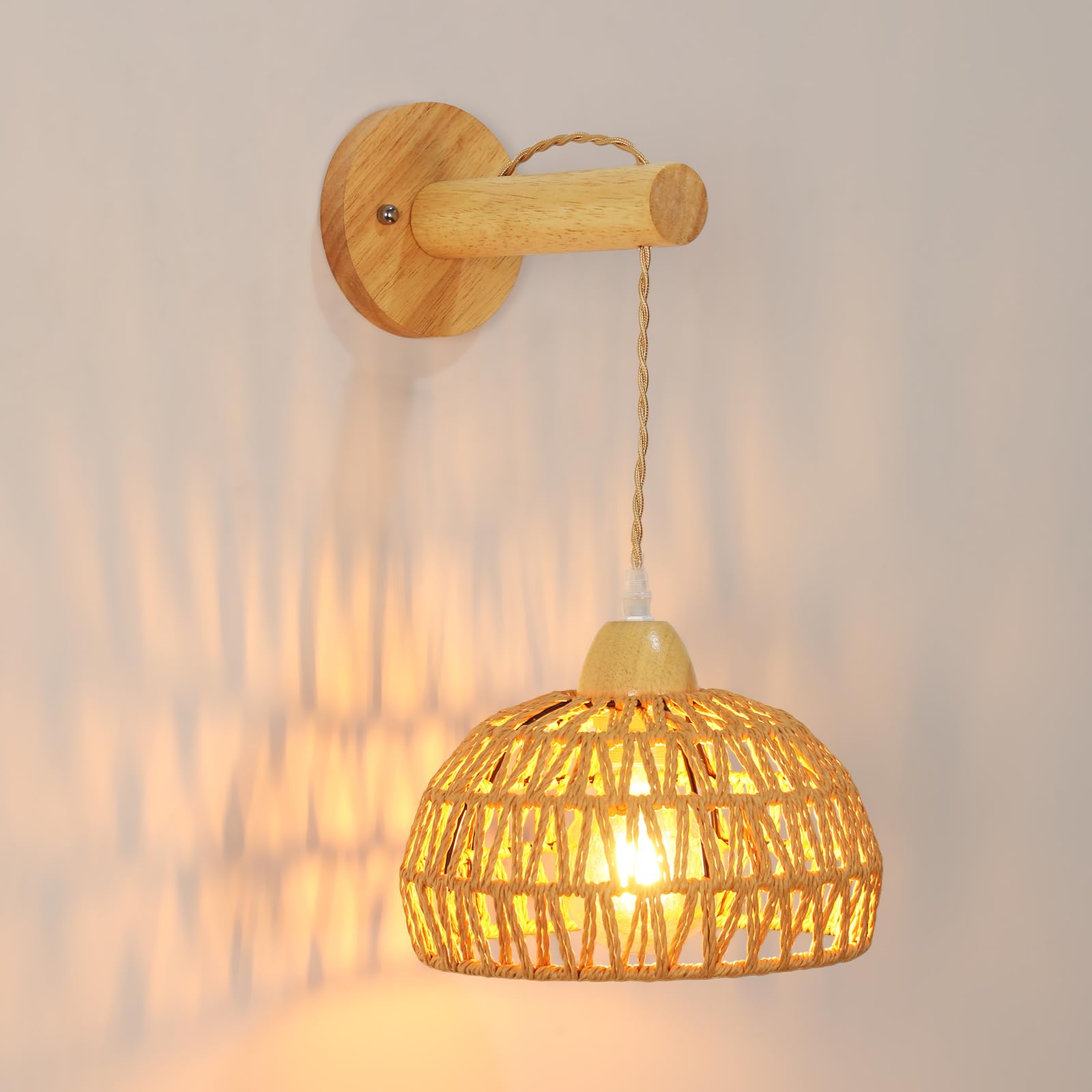 Applique Murale Bois Intérieur Vintage, E27 Lampes Murale Boho avec Abat-jour en Rotin, Bois Cage Applique Rotin Luminaire Murale E27 pour Salon Chambre Couloir Salle à Manger (Sans Ampoule)
