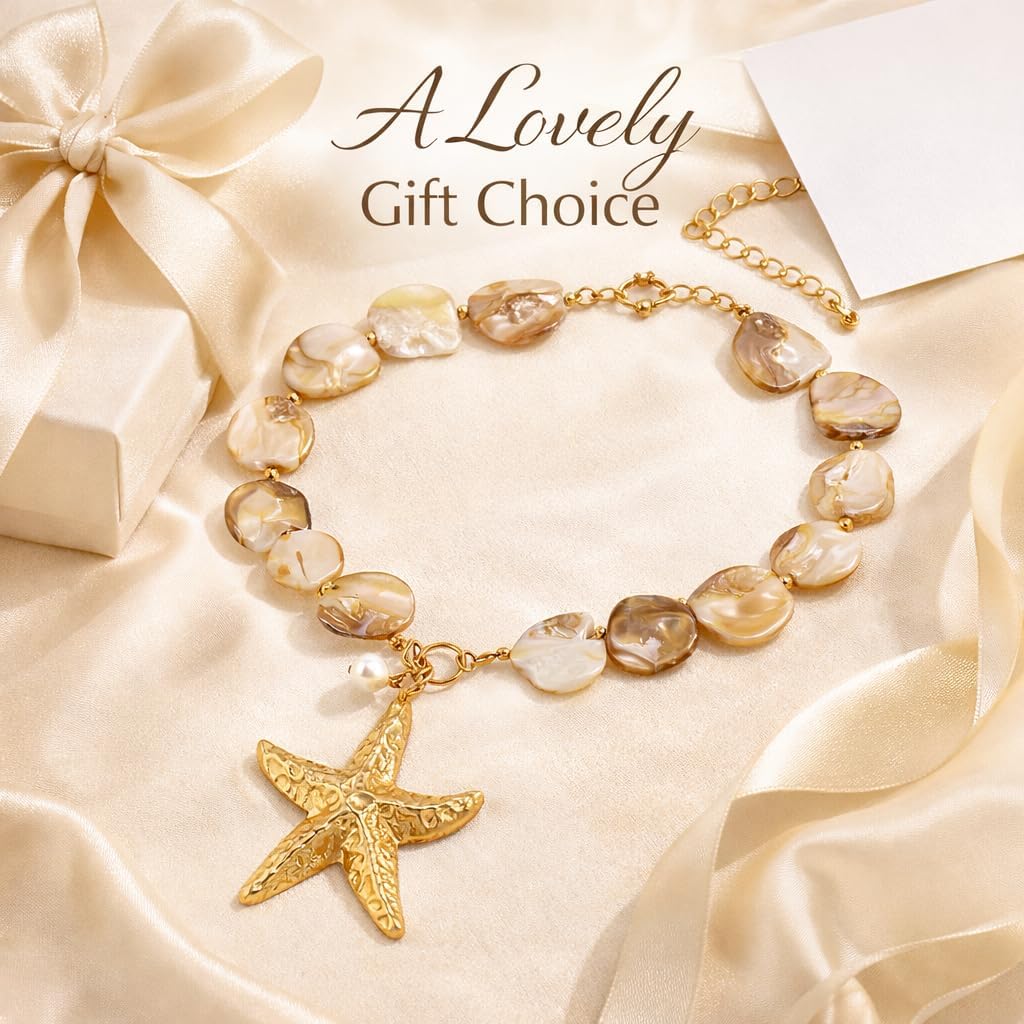 Yumikoo Chunky Shell Necklace for Women, Beach Necklace with Gold Starfish Pendant, Summer Chunky Beaded Statement Necklace, Shell Necklaces for Women