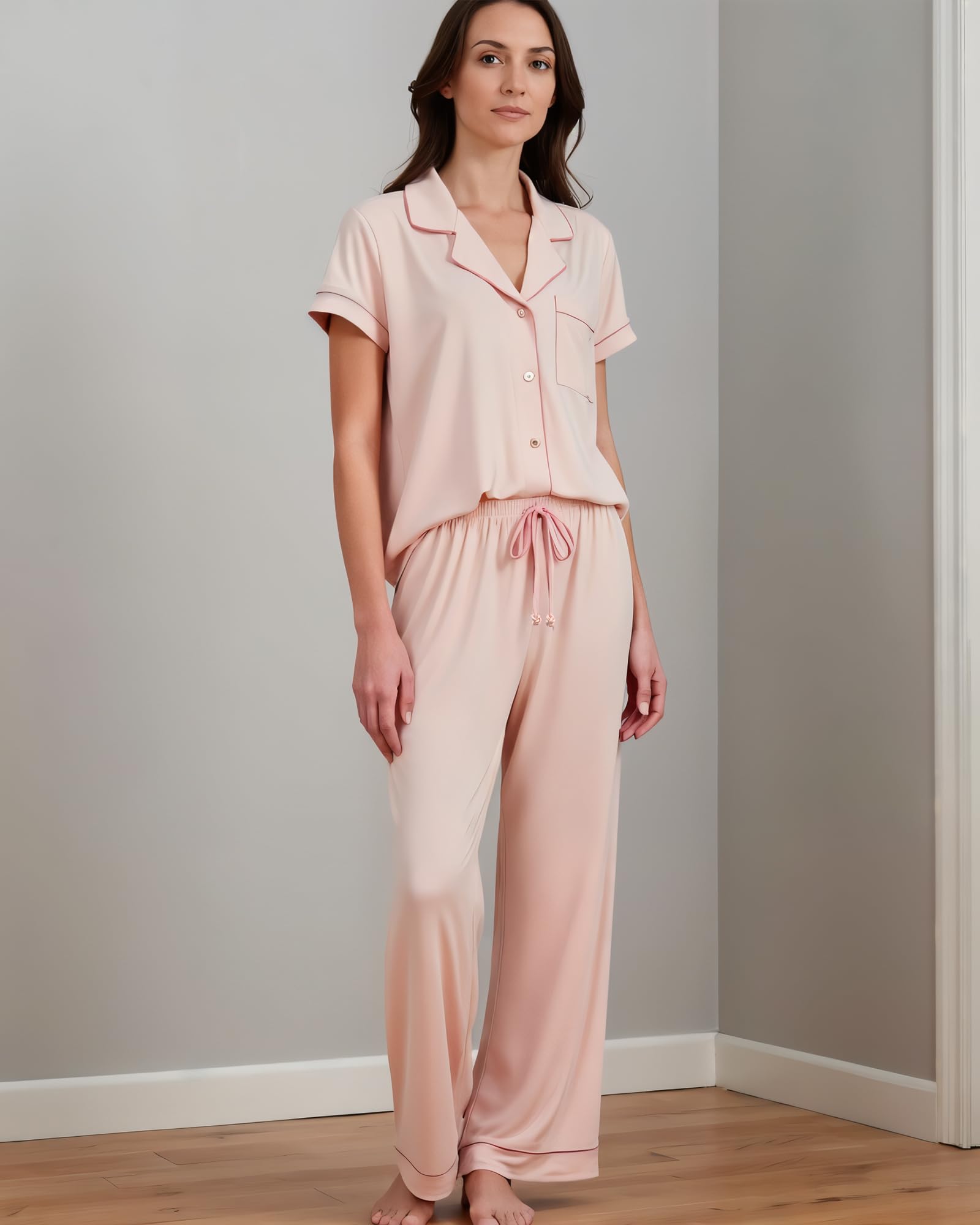 BORN Womens Button Down Pajama Set, Short Sleeve PJ Set with Pants | Soft & Breathable (Light Pink, Small)