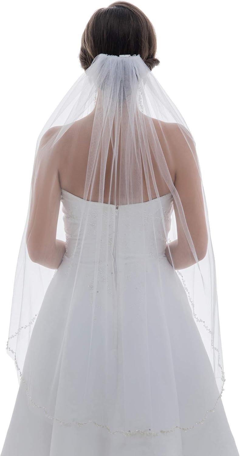 SAMKY 1T 1 Tier Offset Flower Vine Edge Crystal Pearl Bridal Veil - Image 2