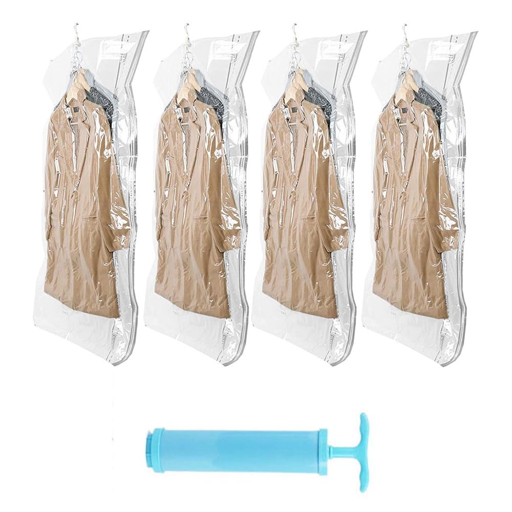 Vakuumbeutel für Kleidung Aufbewahrungsbeutel Hängende Vakuumierbeutel mit Handpumpe Kleiderbeutel Transparent mit Haken für Bettdecken Mäntel Jacken Anzüge Reisen Umzug 70x105cm 10 Stück