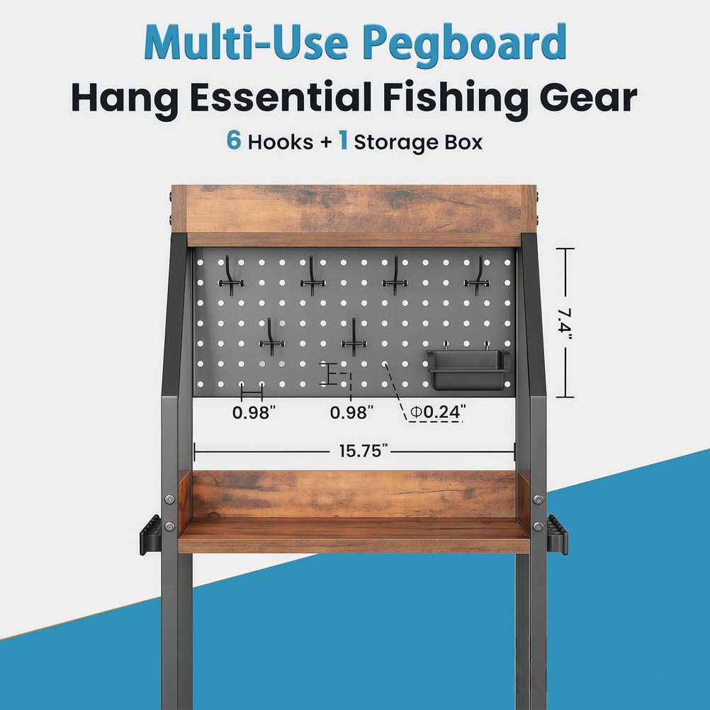 Supporto per canna da pesca per garage, scaffale a 3 livelli per 12 canne, organizer per rollare con ganci e pannello forato, scaffale per attrezzatura per pescatori