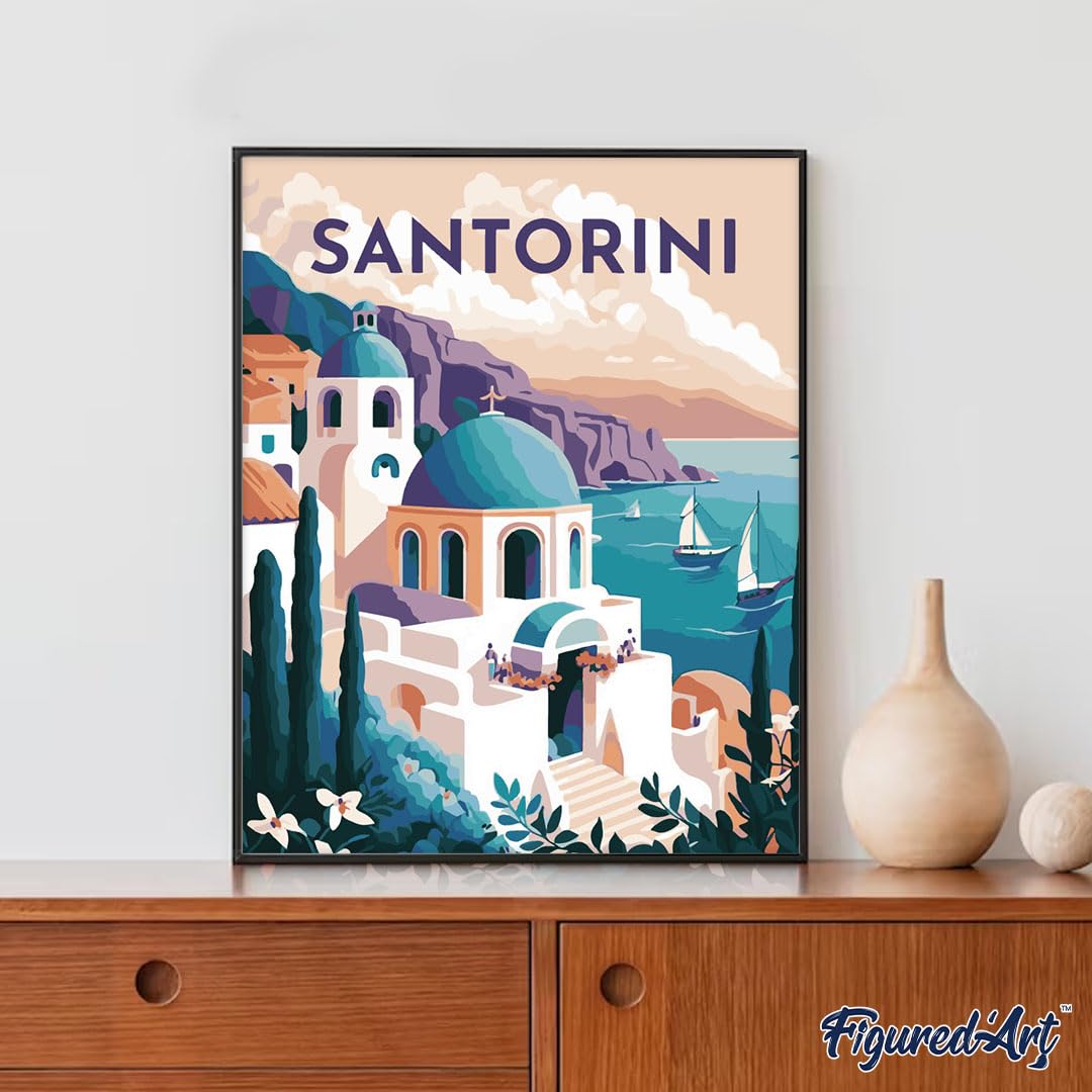 Figured'Art Diamond Painting Art 5D kit completo 40x50cm Tela Arrotolata - Diamonds Quadrati - Poster di viaggio a Santorini - Pittura Diamante - Attività Creativa per Adulti