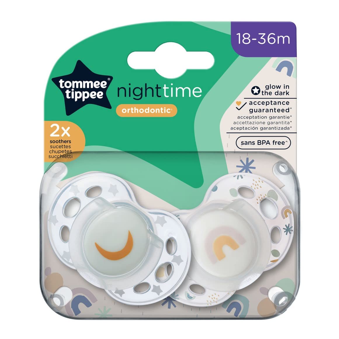Tommee Tippee Night Time Soothers, Symmetrical Orthodontic Design, BPA-Free Silicone Baglet, Includes Steriliser Box, 18-36m, Pack of 2, Rainbow