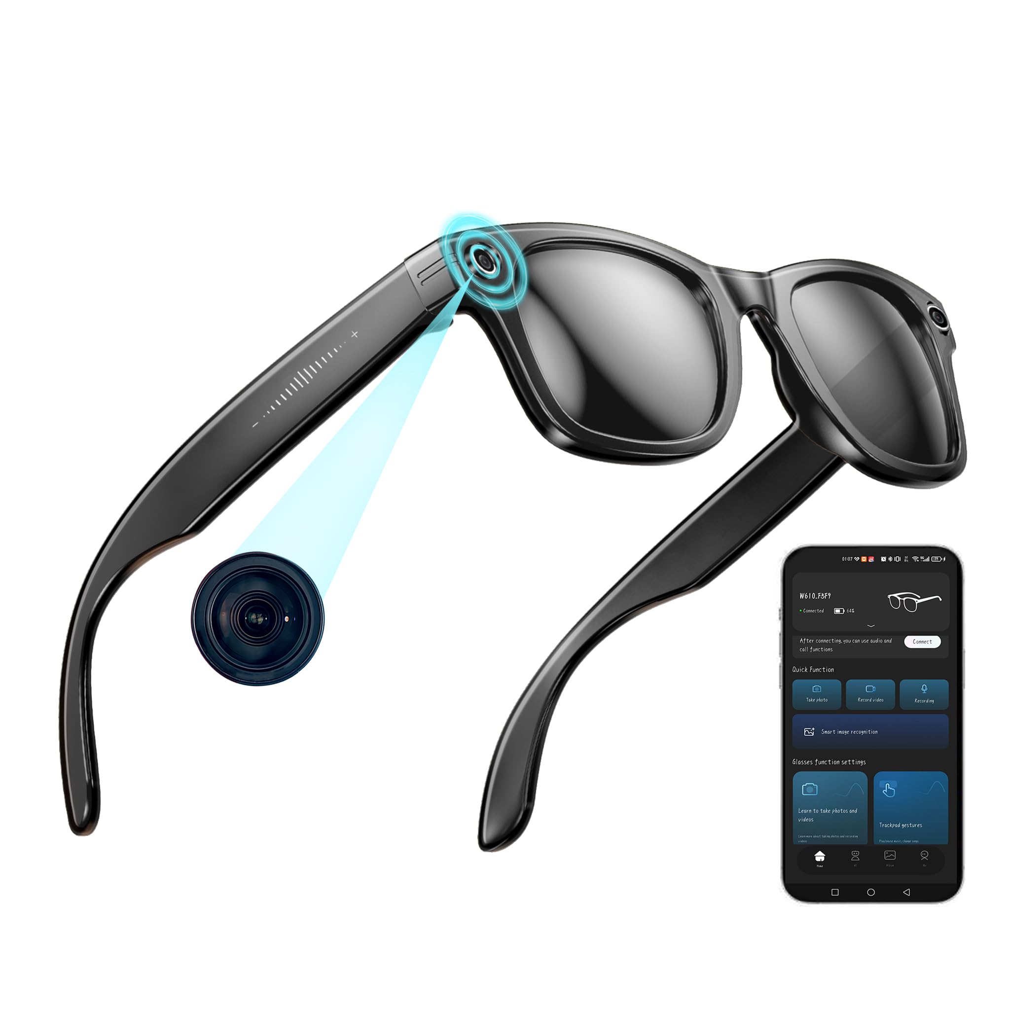 AI Smart Glasses with Camera 8MP Stabilized 1200P HD Video Recording UV400 Outdoor Sports Sunglasses with Open-Ear Bluetooth