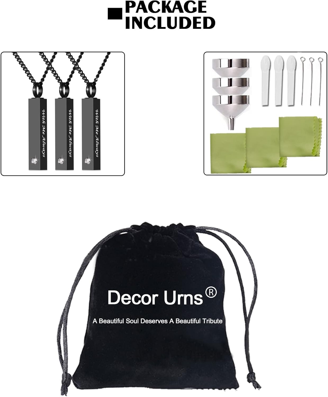 3 Pack Urn Necklace for Ashes Memorial Cremation Jewelry for Ashes, CZ Bar Urn Locket for Ashes Stainless Steel Urns Pendant Keepsake Jewelry with Words: With Me Always & Funnel Kit & Bag - Image 7