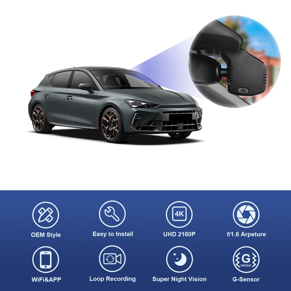 Fitcamx Dashcam 4K Compatibile con Cupra Leon 2025 2026(HD2-6766), OEM Cameras di Guida, 2160P UHD Video Wifi, G-Sensor, Registrazione Circolare, WDR Dash Cam, Plug&Play, Visione Notturna, Scheda 64GB