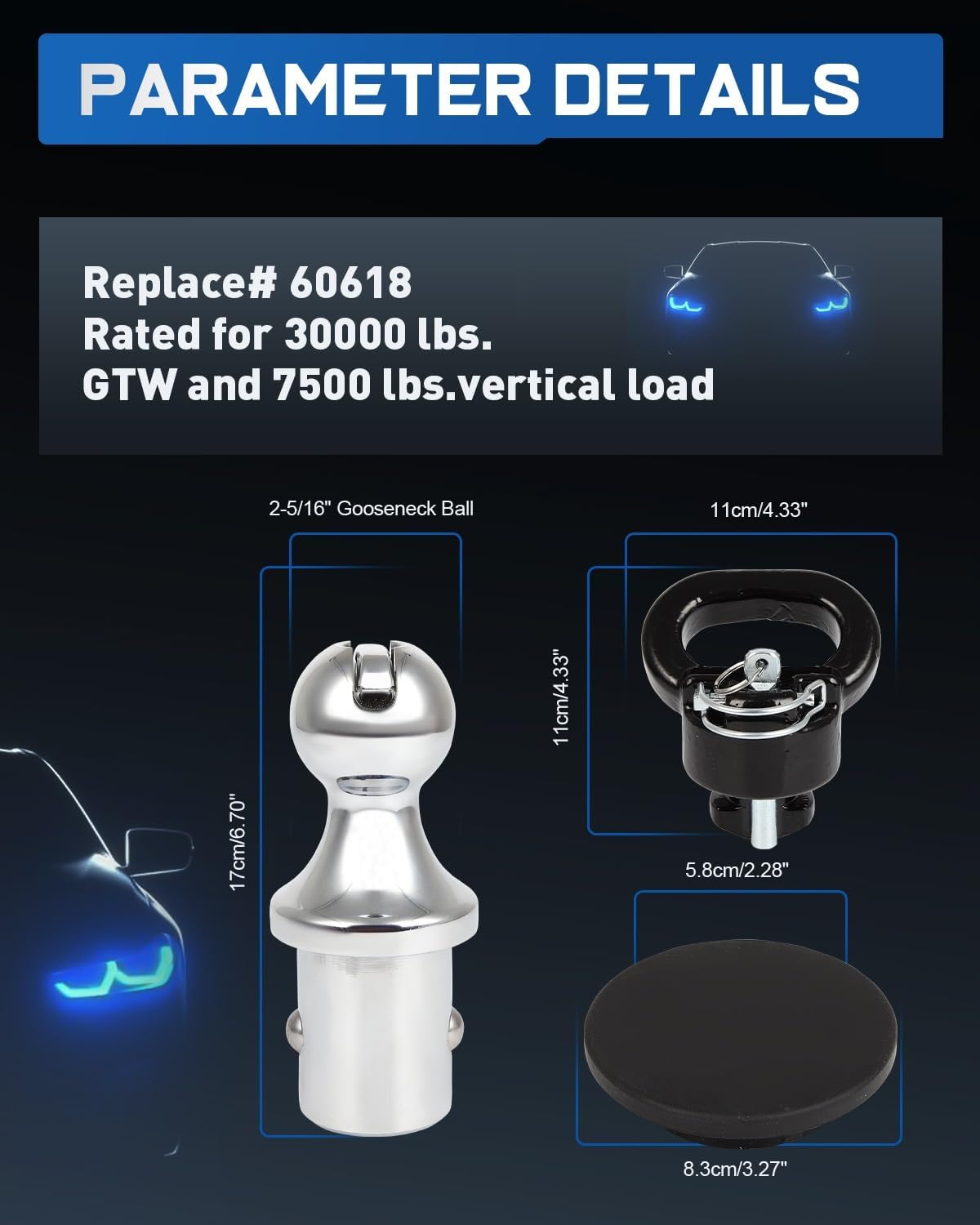 60618 Puck System Gooseneck Hitch Ball Kit Compatible with 2013-2025 Dodge RAM 2500 3500, 2-5/16 Inch Gooseneck Ball for Truck Bed with Gooseneck Safety Chain Anchors 30000 lbs GTW/ 7500 lbs VTW ECCPP