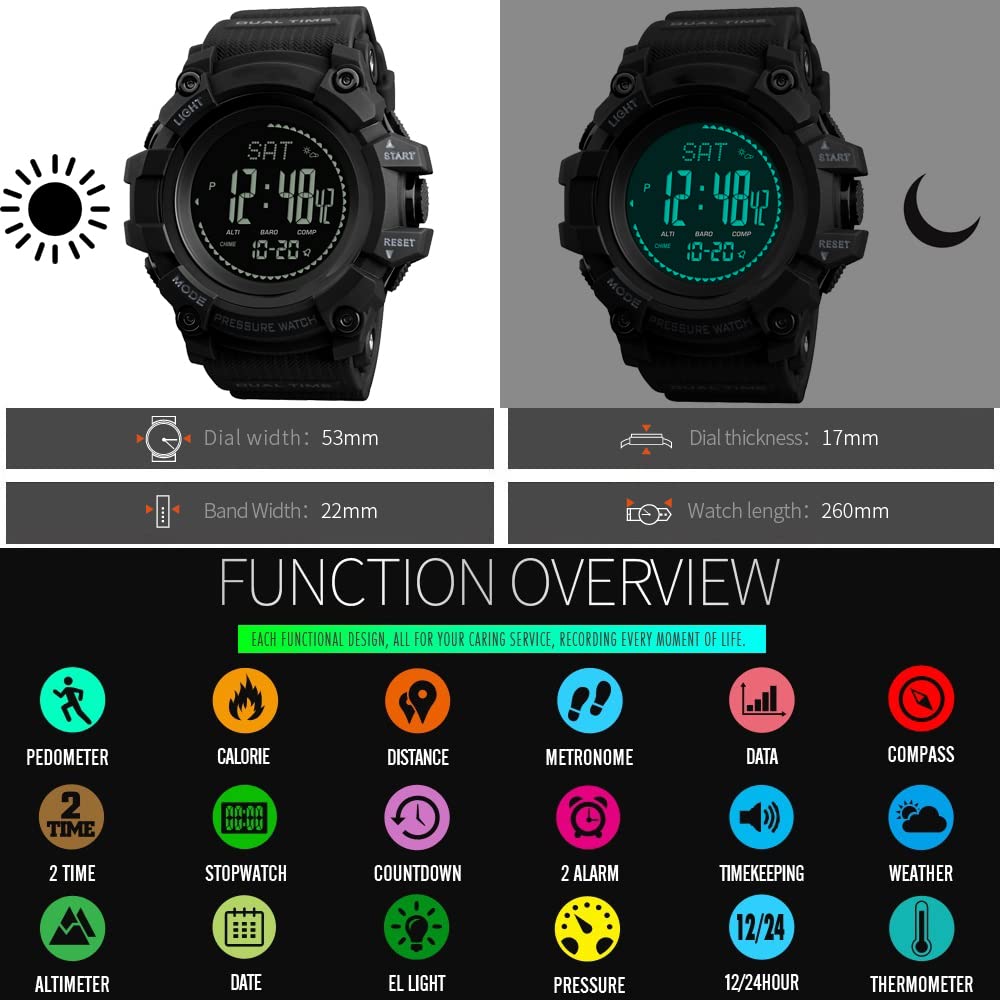 Boussole Montres Bracelet de Homme Outdoor Militaires Sport Digital Multifonctionnel Plastique Montre et Caoutchouc Ruban Podomètre Altimètre Baromètre Thermomètre, Noir