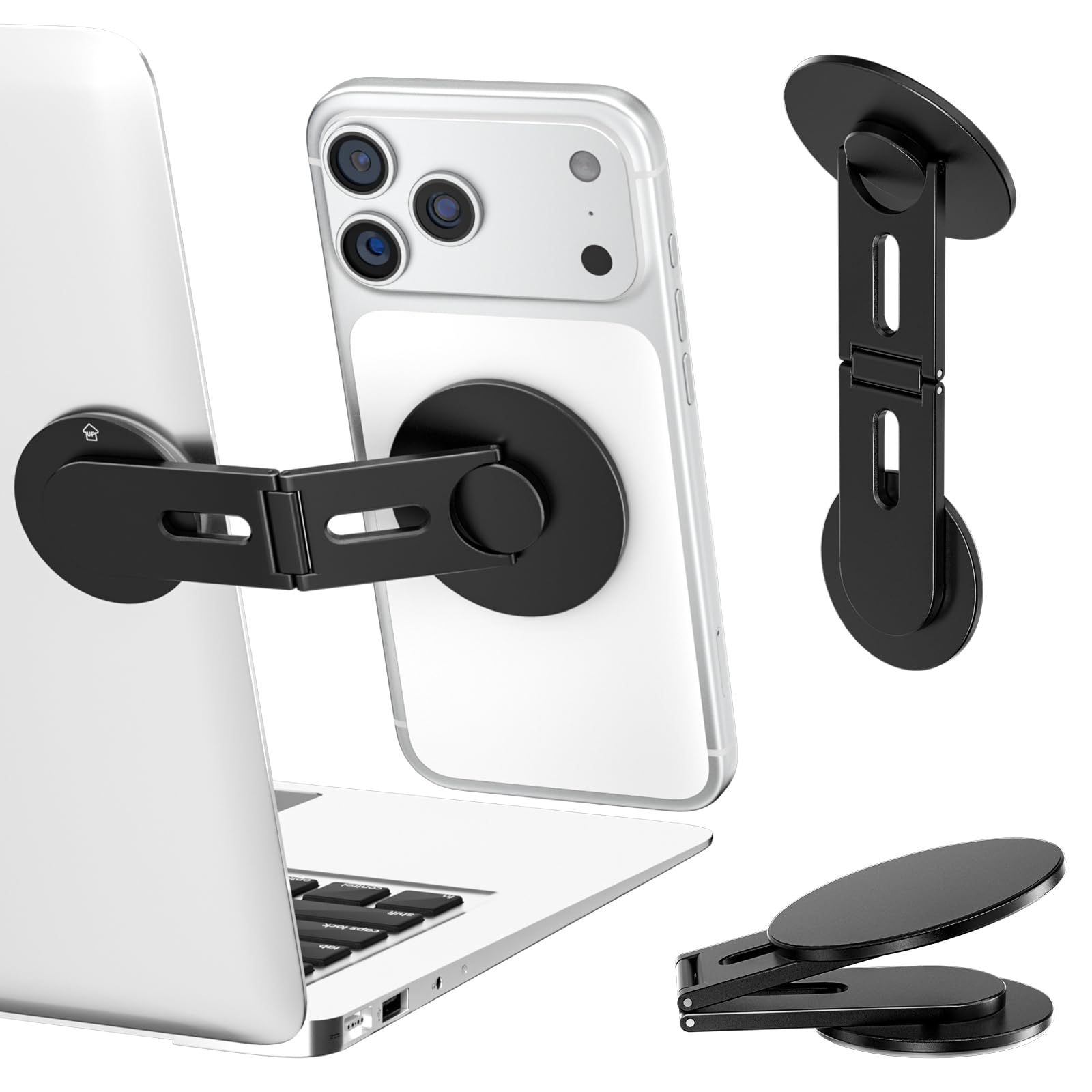ALAFLY Magnetic Laptop Phone Holder, Foldable Hidden Mount Compatible with iPhone 17/16/15/14/13 & All Phone, 360° Rotating Monitor Side Phone Stand