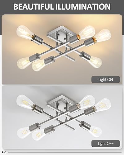 Miniatura 3 de Lámpara de techo semiempotrada de 6 luces, moderna lámpara Sputnik de níquel cepillado, lámpara de techo de granja E26, cocina, dormitorio, sala de