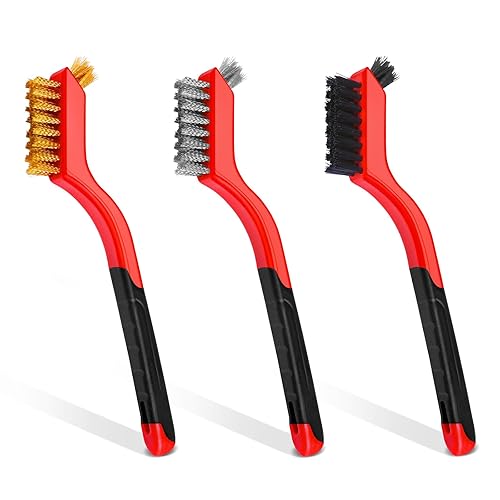 Vista 8 de Juego de cepillos de alambre, 6 cepillos de alambre de acero inoxidable/latón/nailon para limpieza con mango curvado para eliminación de óxido