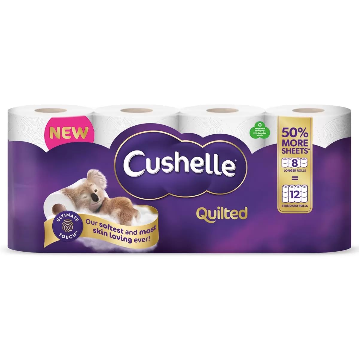 Cushelle Quilted Double Size 50% Longer Soft Absorbent Rolls - 8 Rolls 3 PLY Cushiony Softness & HOT Logo Sticker - Sold by HOUSE OF TAPES