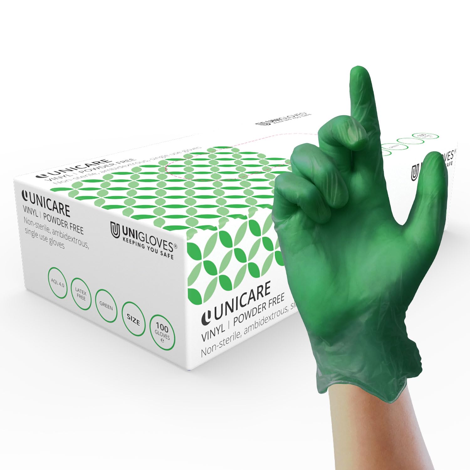 UNIGLOVES Unicare Vinyl Disposable Gloves - Multipurpose, Powder and Latex Free Examination Gloves - Box of 100 Gloves, Green, Medium (GS0123) โ image 1