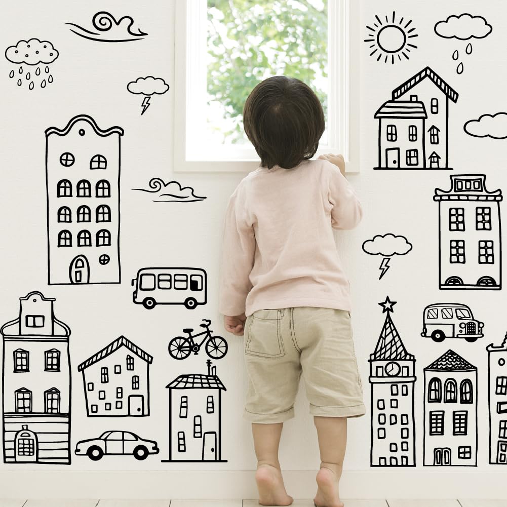 SUPERDANT Hand Drawn House Wall Sticker City Construction Wall Decal Peel and Stick Vinyl Art Decals Home Decor for Nursery Children's Room Bedroom Playroom Toddler Room Livingroom Decoration