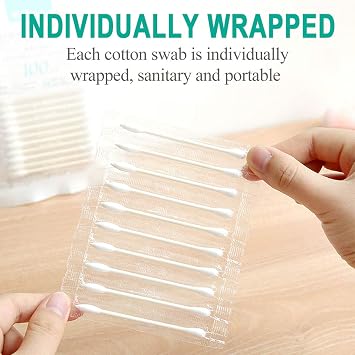 200 Pack Cotton Swab Individually Wrapped, Cotton Buds Individually Wrapped Double Tipped Cotton Swabs Paper Sticks Cotton Buds(White, Round/Pointed End)