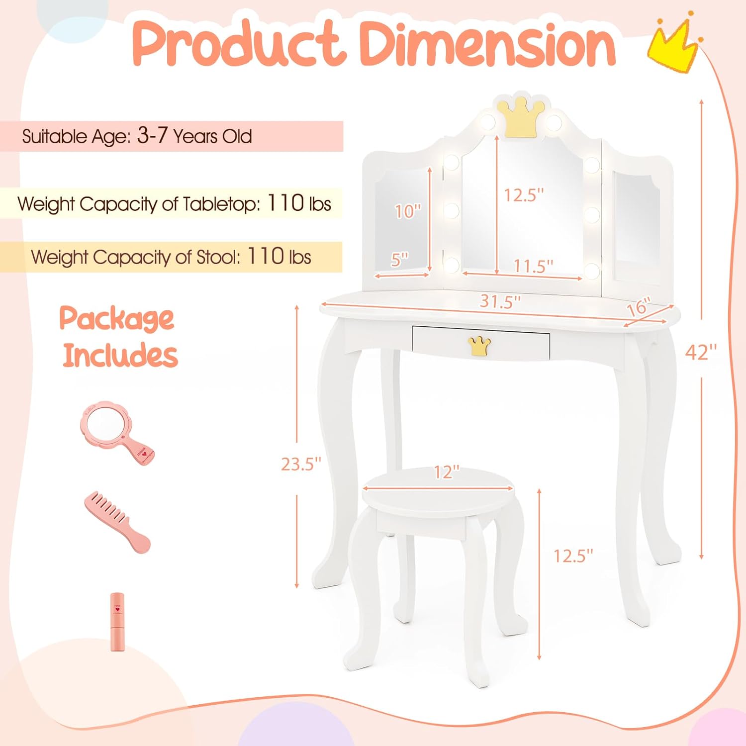 Costzon Kids Vanity with Lights, Girls Vanity Set with Mirror and Stool, Drawer, 2 in 1 Princess Makeup Desk Dressing Table, Kids Vanity Table and Chair Set (White)