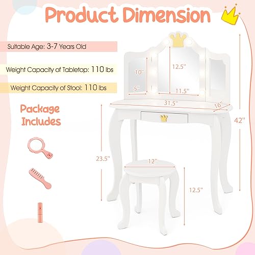 Miniatura 24 de Costzon Juego de mesa y silla para niños, tocador de maquillaje de princesa con cajón y espejo de tres pliegues, juego de tocador 2 en 1 con parte