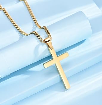 Stainless Steel Cross Pendant Necklace for Men Boys, Silver/Gold/Black Chain Cross Necklace Jewellery Easter Confirmation Baptism Birthday Christain Gifts for Him