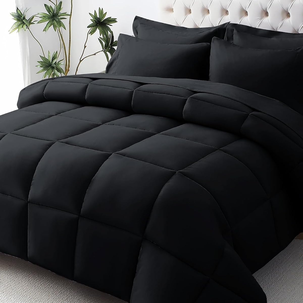 JOLLYVOGUE Full Comforter Set, Ultra-Soft Bed in a Bag Full Size 7 Pieces, Oeko-TEX Certified Bedding Set with Down Alternative Comforter, Sheets, Pillowcases & Shams, Black