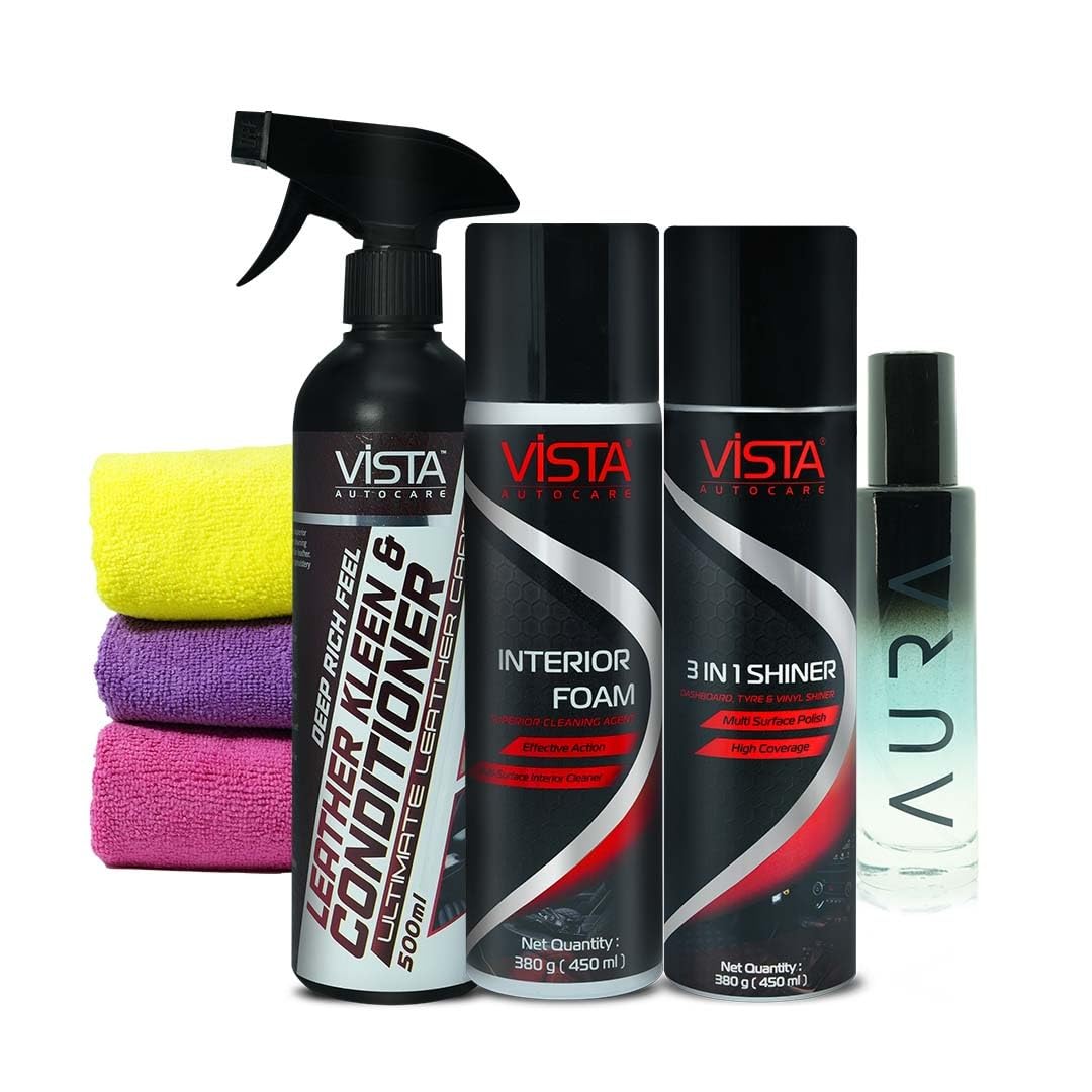 Vista Auto Car Interior and Leather Seat Cleaner Kit CK3-5-Piece Complete Detailing Bundle with Interior Foam Spray, 3-in-1 Shiner, Leather Conditioner, Microfibre Cloths and Air Freshener-picture-14