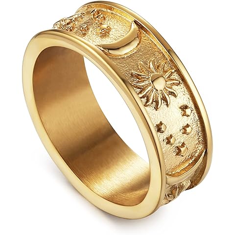 HZMAN 8mm Moon Star Sun Statement Ring Stainless Steel Boho Jewelry for Women Men
