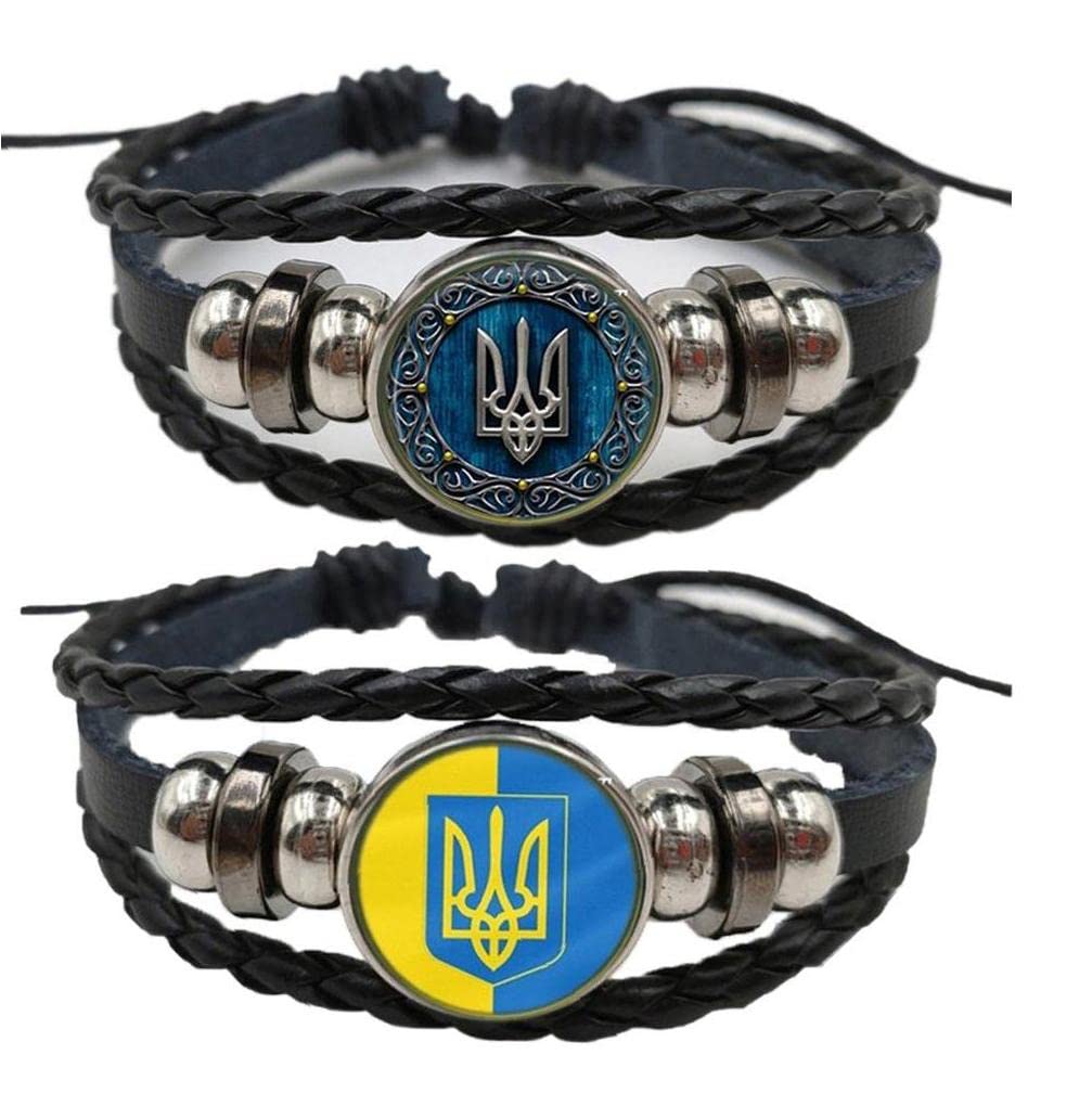Tossper Men's Multicolor Ukraine Bracelet, 2 Pcs Multilayer Ukrainian Flag Symbol Charm Leather Bracelet Bangle Jewelry For Wo