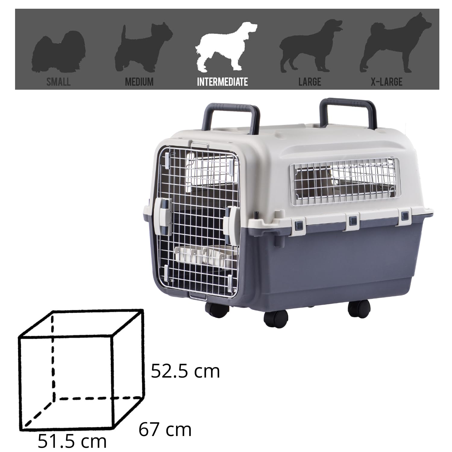 Lanco – Tragbare und atmungsaktive große Hundetrage aus Kunststoff. Haustiere Hunde und Katzen. Widerstandsfähiges Material. Maße 67x52x53 cm. Zwei Griffe. Graue und weiße Farbe.