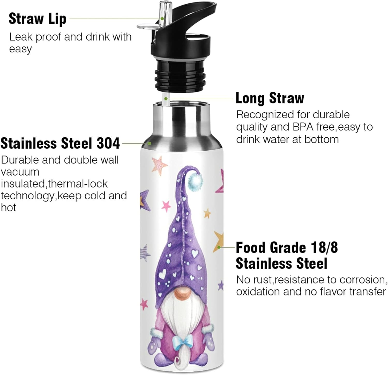 xigua Cute Gnomes Vacuum Insulated Water Bottle, Outdoor Sports Stainless Steel Flask with Straw Lid, Double-Wall Water Bottle for School Office Sports Fitness 22 oz