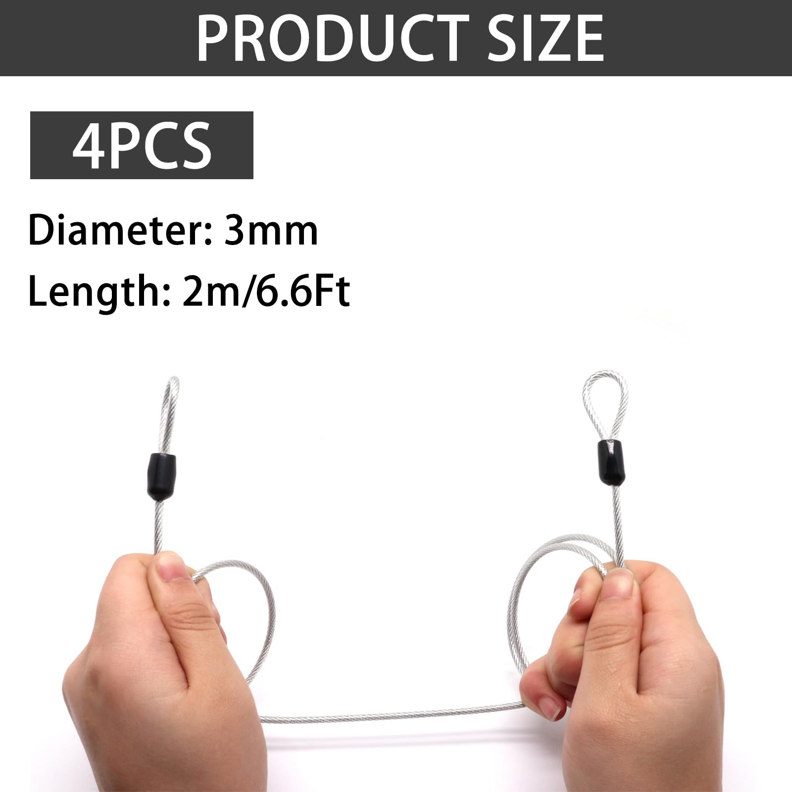 Câble de sécurité argenté de 3 mm, 4 câbles en acier inoxydable avec boucles, câble de sécurité avec double boucle, câble de verrouillage de bagage pour vélo