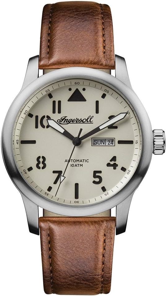 Ingersoll Men's Automatic Watch with Off-White Dial Analogue Display and Brown Leather Strap I01301