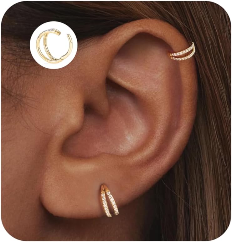 2PCS Cartilage Helix Earrings For Women Hypoallergenic Titanium Double Hoops Surgical Steel Small Conch 16/18/20G Piercing Jewelry 14K Gold Plated