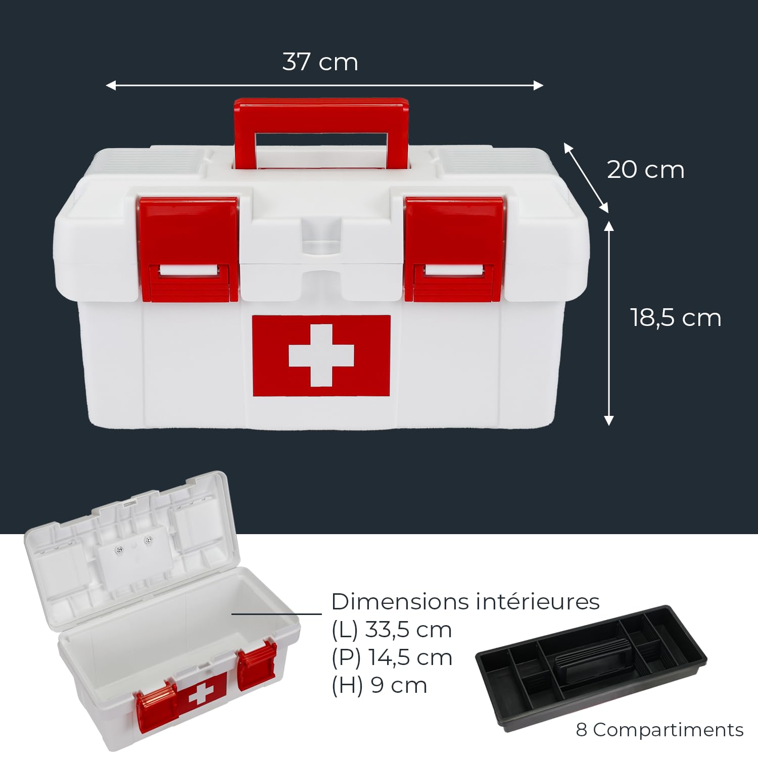 HMF Boîte à pharmacie vide pour les premiers secours pour club de sport, entreprise ou maison | 37 x 20 x 18,5 cm | Blanc/rouge