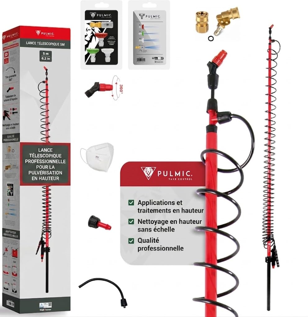 PULMIC Kit Pulvérisateur Professionnel 5 m, Lance Télescopique Fibre de Verre+ Adaptateur Orientable 180° Quick Connect + Adaptateur M18 + Jeu de Buses 0° 25° 40° Réglable