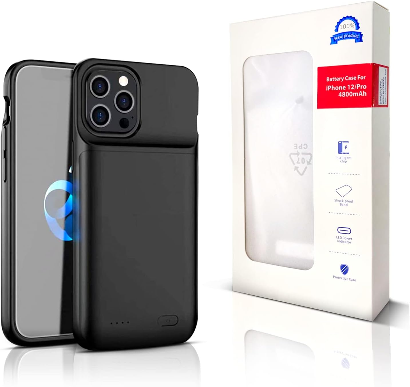 Battery Case for iPhone 12/12 Pro & Pro Max Slim Portable Protective Extended Charger Cover With Wireless Charging Compatible With iPhone 12/12 Pro & Pro Max (Black 4800 mAh 12/12 Pro)