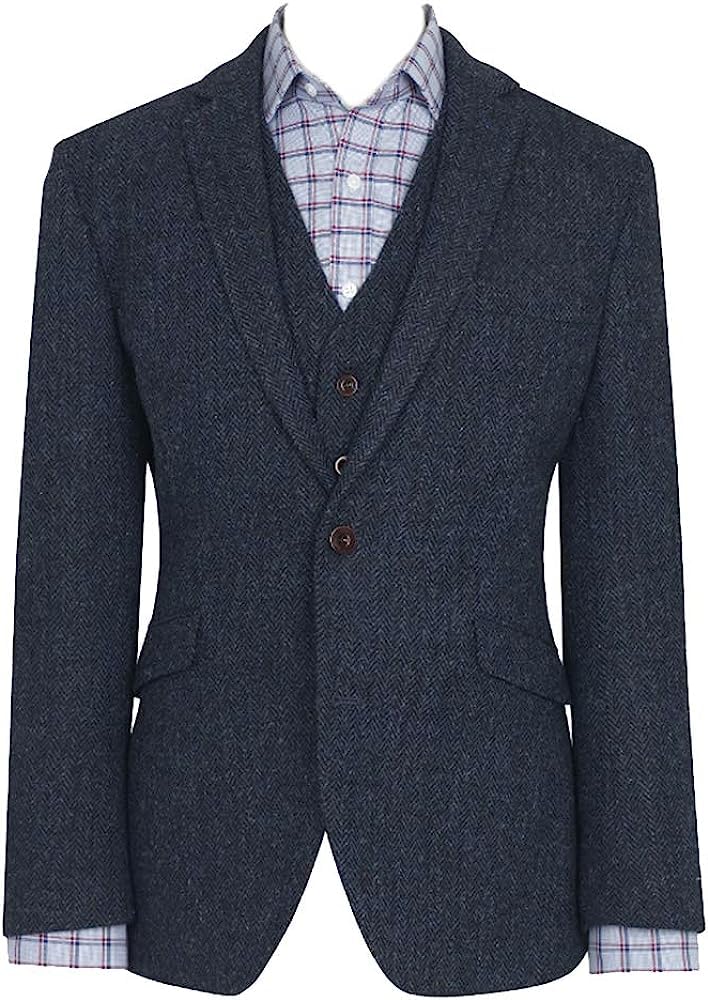 Men's Stranraer Harris Tweed® Wool Jacket Coat in Blue Tailored Long Sleeved Single Breasted Plaid Blazer