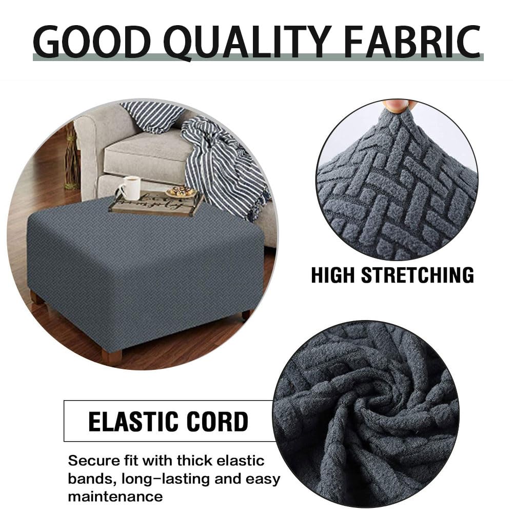 FANSU Copri Pouf Quadrato Elasticizzato – Grigio Chiaro, Lavabile, Con Motivo Foglie Jacquard