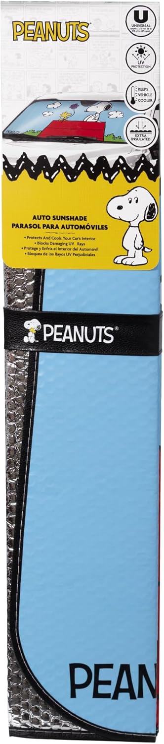 Peanuts Snoopy & Woodstock Auto Sunshade with Little Tree Air Freshener – Universal Fit Windshield Protector for Cars, Trucks & SUVs – Keeps Vehicle Cool & Fresh