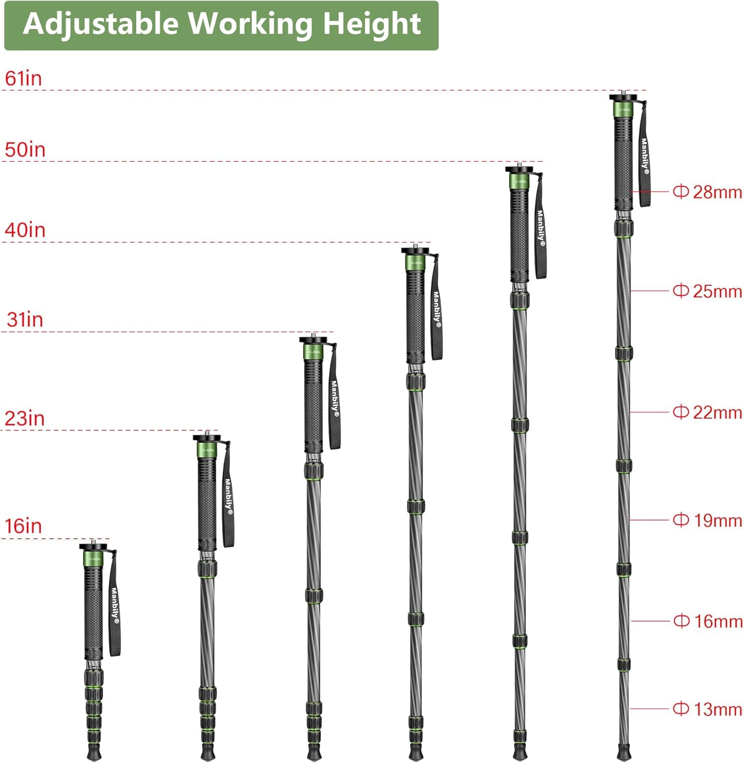 Supporto per fotocamera monopiede Manbily Walking Stick monopiedi per fotocamere in fibra di carbonio portatile compatto da viaggio monopiede Unipod Stick con manico 6 sezioni 65" 7 kg per DSLR Video