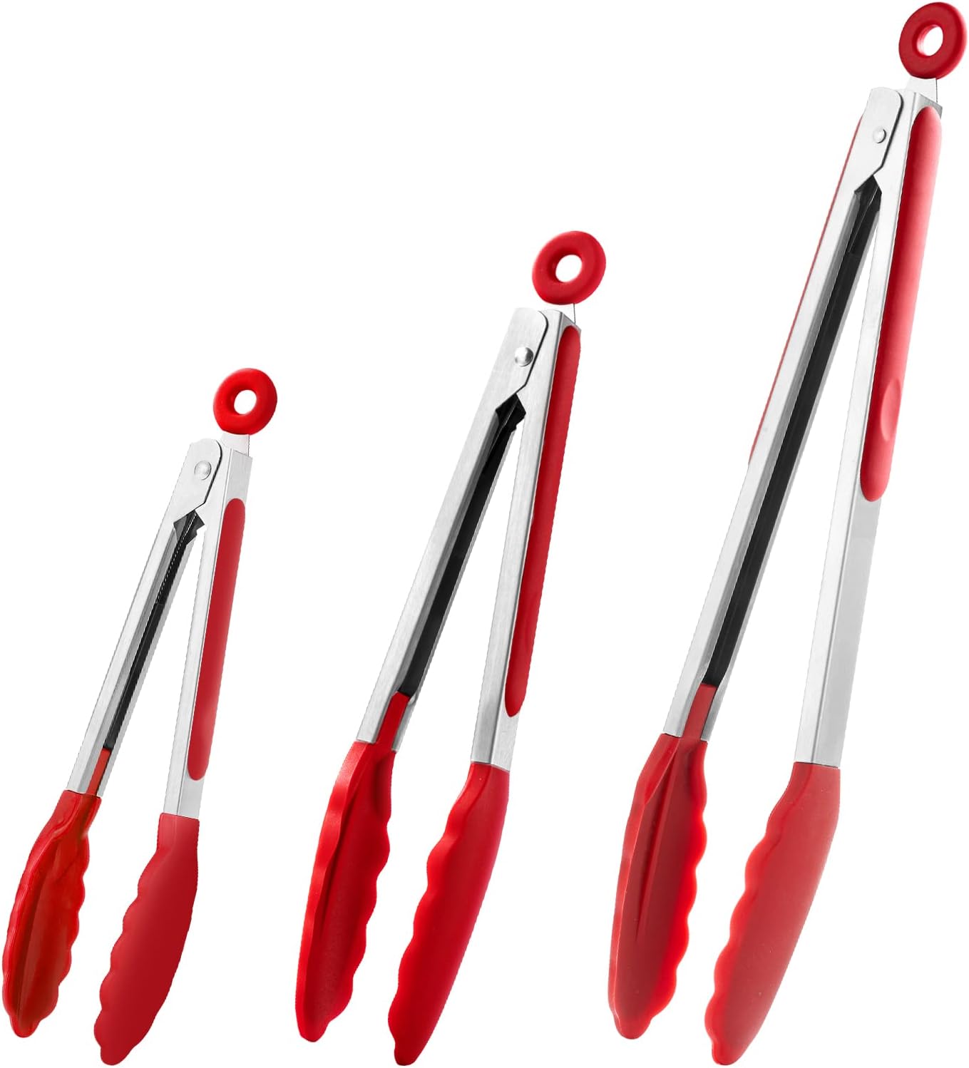 Kitchen Tongs Set of 3, Red Cooking Tongs with Silicone Tips, Stainless Steel Serving Tongs, Non-Stick Non-Scratch Heat Resistant Tongs for Grilling Cooking BBQ Buffet Salad (Red, 7/9/12 Inch)