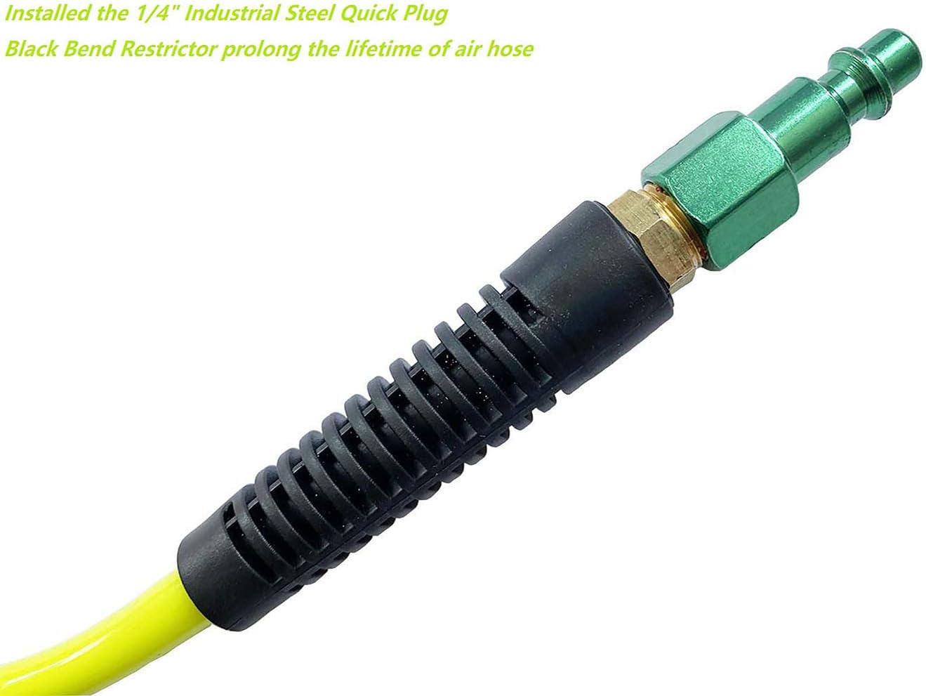 SANFU (PU) Polyurethane Recoil Air Hose 1/4”ID x 50ft with Bend Restrictor,1/4” Industrial Steel Quick Coupler and Plug, Yellow(50’)