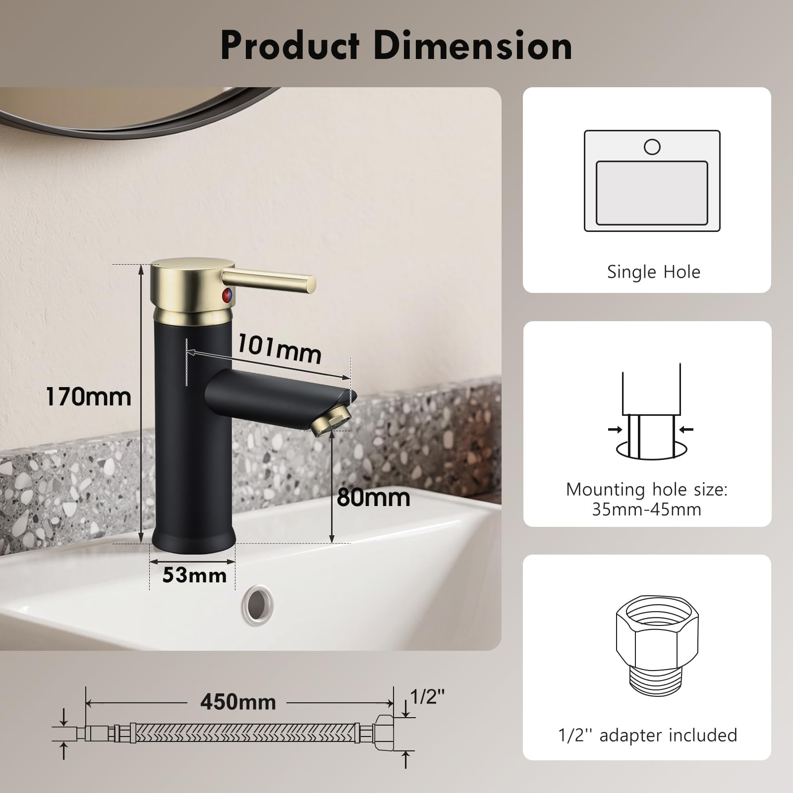 Hapilife Waschtischarmatur Bad Waschbecken Armaturen Schwarz und Gebürstet Gold Waschtischarmaturen, Monobloc Einhebel Heiß und Kalt Mono Waschraum Bad Wasserhahn mit UK Standard Schläuchen, Modern