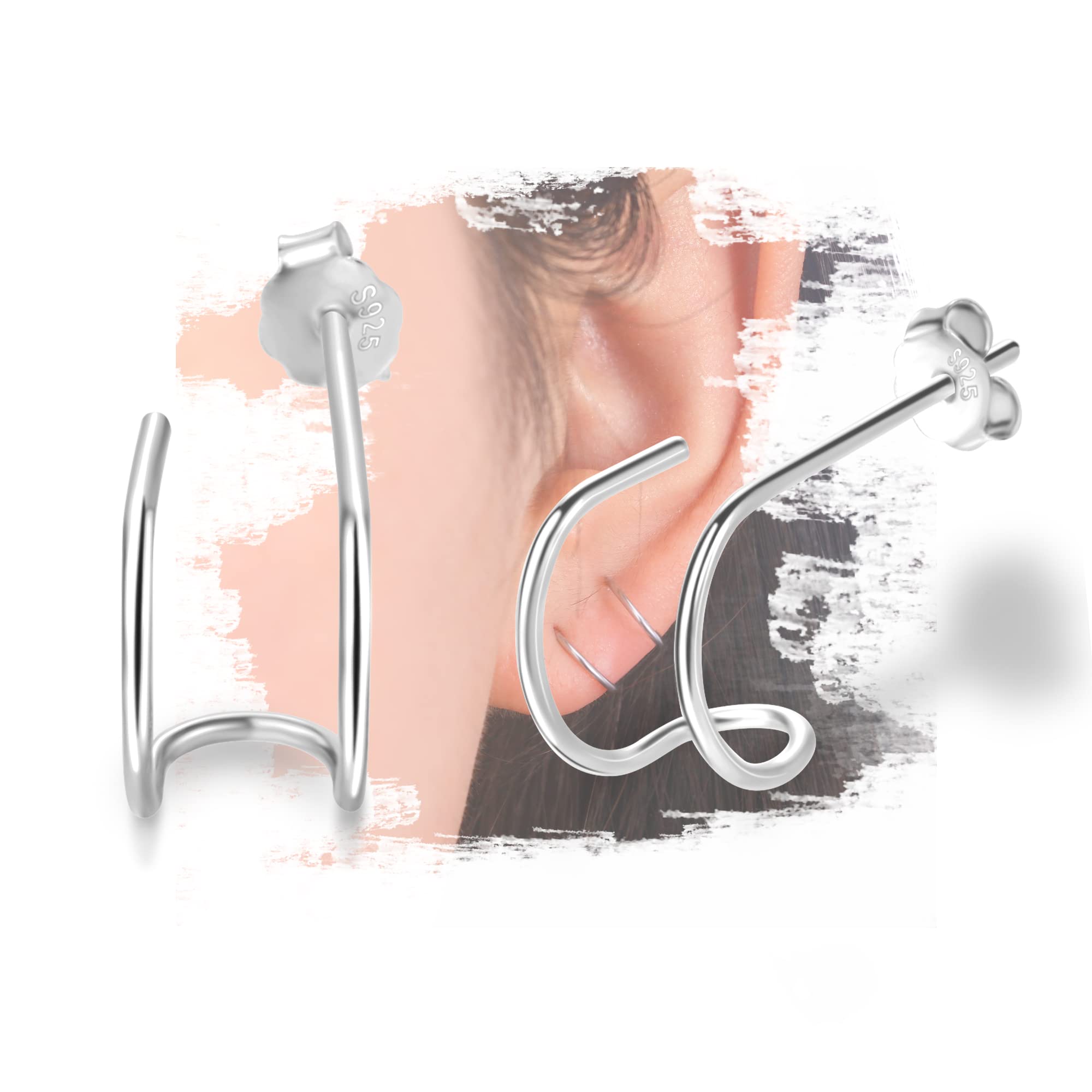 Sereney Faux Double Piercing Earrings for One Hole, 925 Sterling Silver Small Thin Huggie Hoop Earrings for Women, 8mm Dainty Mini Hypoallergenic Half Hoop Earrings as Everyday Jewelry Gifts