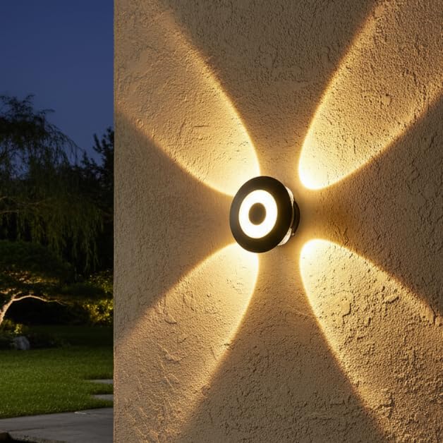 Image of Waterproof Up Down Led Wall Lamp, Aluminium IP65 Body 4+1 Ray, Warm White, Indoor /Outdoor Decorative Wall Sconce Light, (HaloBeam 4 Way Warm)