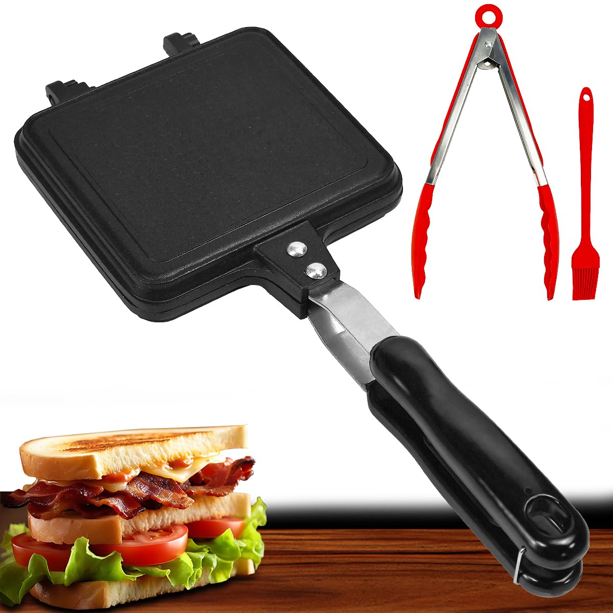 Pfanne Sandwich Maker Doppelseitig Bratpfanne Toastpfanne mit Hitzebeständigem Griff 35 x 15cm Camping toaster Sandwichmaker Tortillas Bratpfanne Panini Maker Pan für Frühstück Camping Outdoor