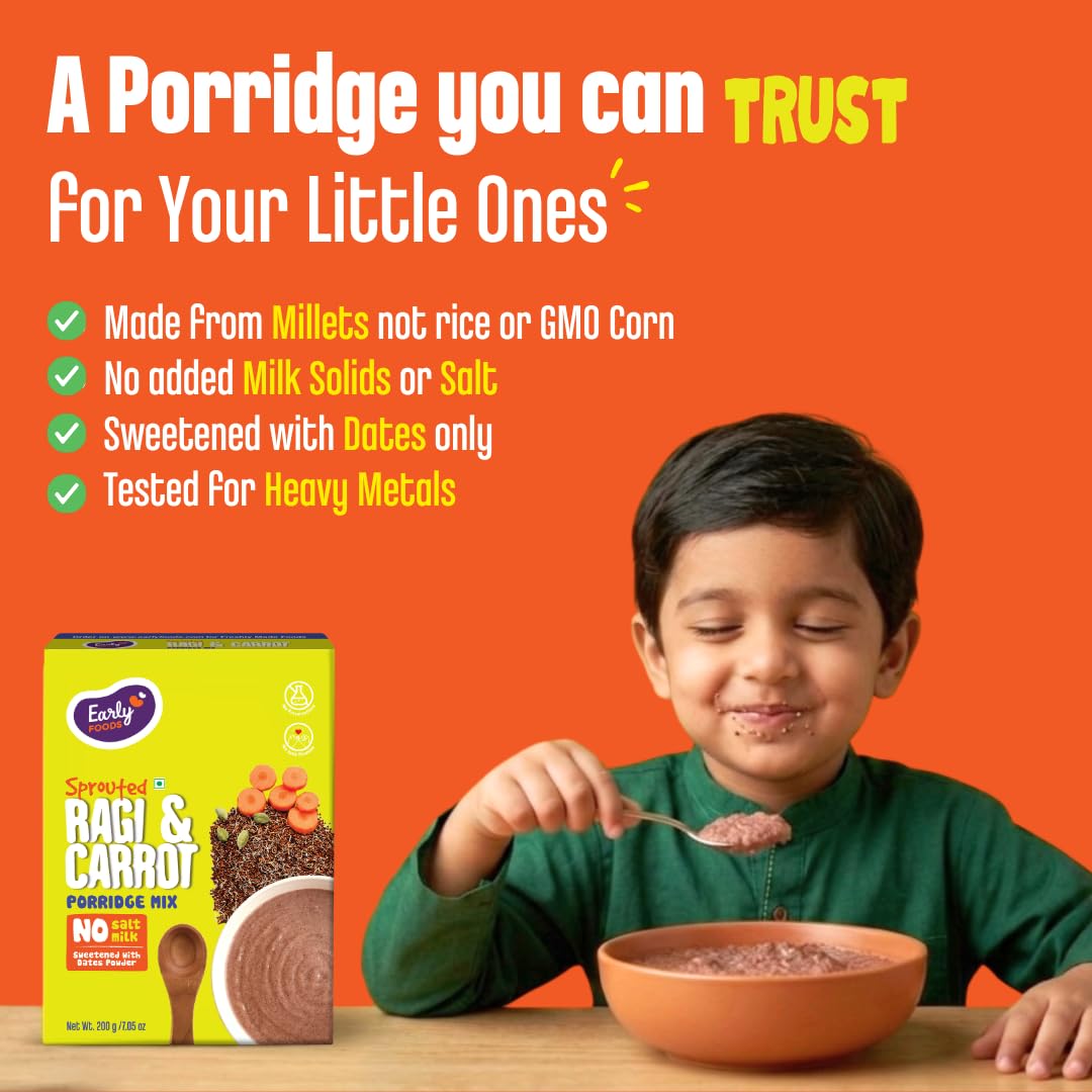 Early Foods - No Added Sugar No Salt Porridge - Sprouted Ragi Cereal with Carrots | No Preservatives | Ragi Malt for Kids | No Milk Powder 200g