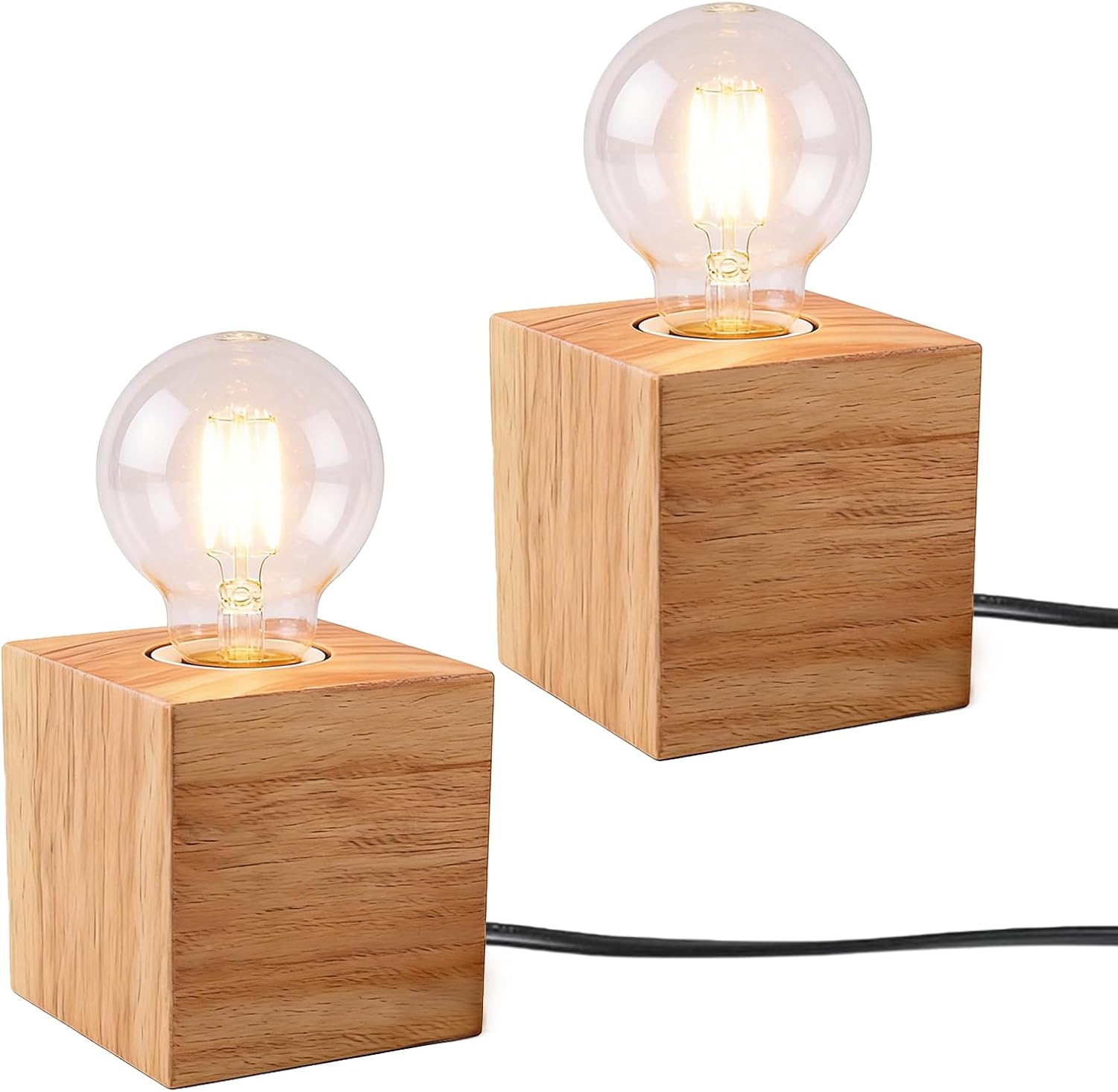 BORDEAG Lamp Base E27 Made of Wood Pack of 2 Bedside Lamp Cube Made of Wood A with Cable Switch Table Lamp E27 Made of Wood Table Lamp Wood for Bedroom WLiving Room Office Studio Cafe Bar [Energy Class A]